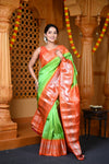 Durva Premium ~ Gadwal Pure Silk Handloom Saree in Parrot Green and Sapphire Orange
