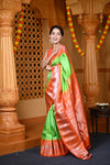 Durva Premium ~ Gadwal Pure Silk Handloom Saree in Parrot Green and Sapphire Orange