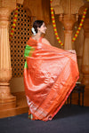 Durva Premium ~ Gadwal Pure Silk Handloom Saree in Parrot Green and Sapphire Orange