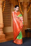 Durva Premium ~ Gadwal Pure Silk Handloom Saree in Parrot Green and Sapphire Orange