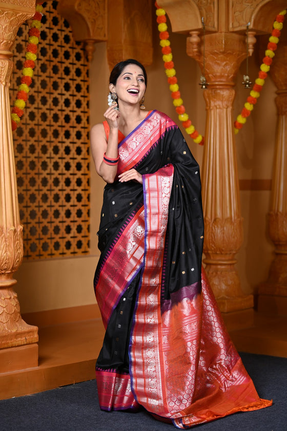 Durva Premium ~ Gadwal Pure Silk Handloom Saree in Black and Red