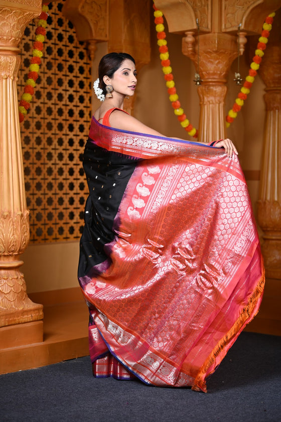 Durva Premium ~ Gadwal Pure Silk Handloom Saree in Black and Red
