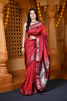  Durva Premium ~ Handloom Pure Silk Paithani Saree WIth Handcrafted Nath Pallu in Maroon (By Govt Certified Weavers)