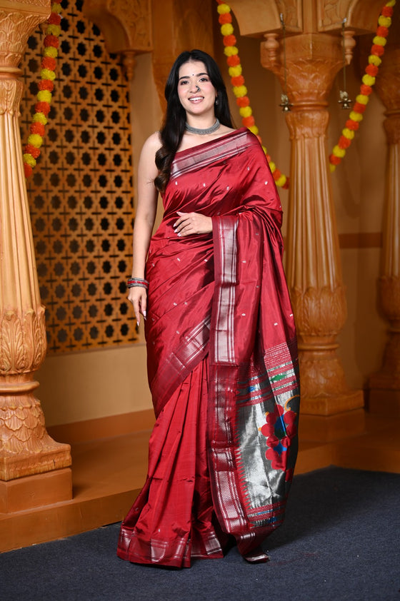 Durva Premium ~ Handloom Pure Silk Paithani Saree WIth Handcrafted Nath Pallu in Maroon (By Govt Certified Weavers)