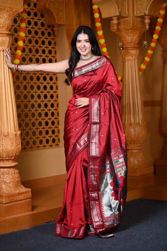 Durva Premium ~ Handloom Pure Silk Paithani Saree WIth Handcrafted Nath Pallu in Maroon (By Govt Certified Weavers)