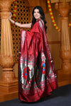 Durva Premium ~ Handloom Pure Silk Paithani Saree WIth Handcrafted Nath Pallu in Maroon (By Govt Certified Weavers)