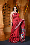 Durva Premium ~ Handloom Pure Silk Paithani Saree WIth Handcrafted Nath Pallu in Maroon (By Govt Certified Weavers)
