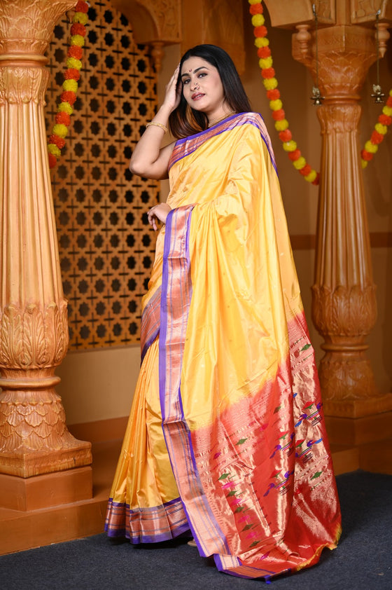 Durva Premium~ Handloom Pure Silk Paithani with Traditional Double Pallu in Mango Yellow