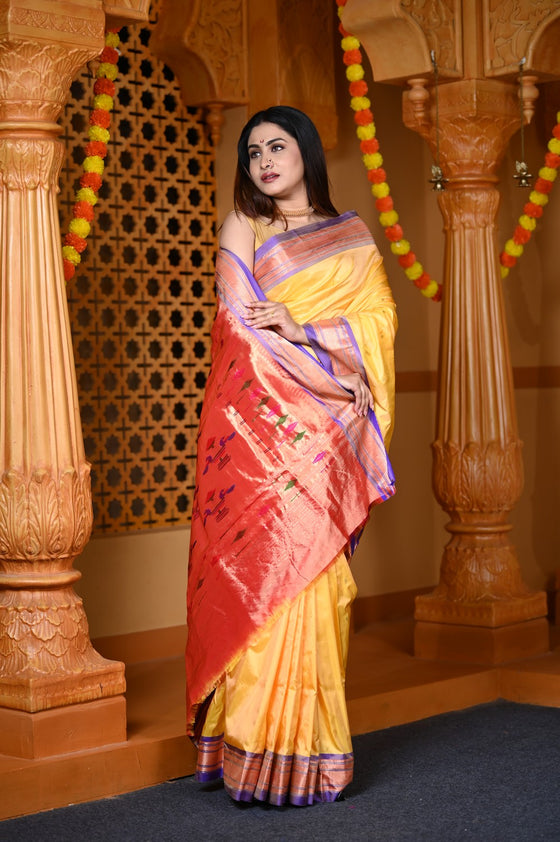 Durva Premium~ Handloom Pure Silk Paithani with Traditional Double Pallu in Mango Yellow