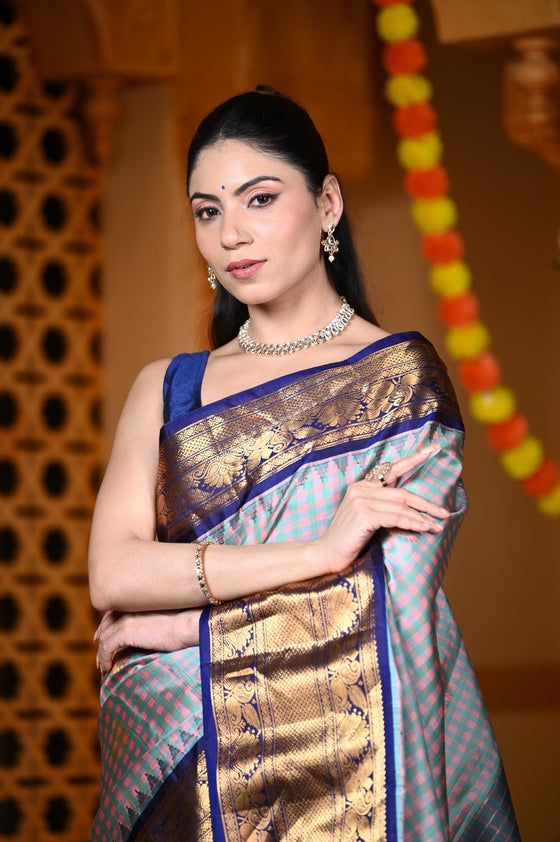 Durva Premium ~ Gadwal Pure Silk Handloom Saree in Checkerds Grey and Blue