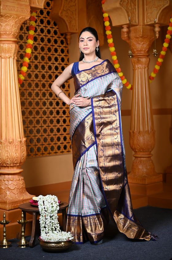 Durva Premium ~ Gadwal Pure Silk Handloom Saree in Checkerds Grey and Blue