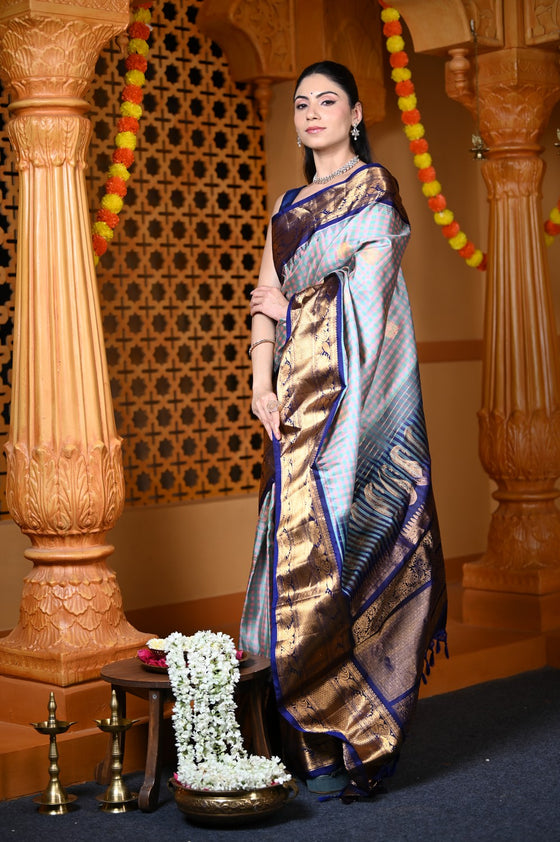 Durva Premium ~ Gadwal Pure Silk Handloom Saree in Checkerds Grey and Blue