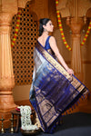 Durva Premium ~ Gadwal Pure Silk Handloom Saree in Checkerds Grey and Blue