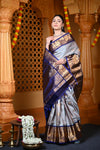 Durva Premium ~ Gadwal Pure Silk Handloom Saree in Checkerds Grey and Blue