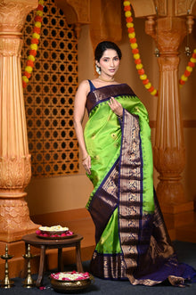  Durva Premium ~ Gadwal Pure Silk Handloom Saree in Emerald Green and Dark Blue
