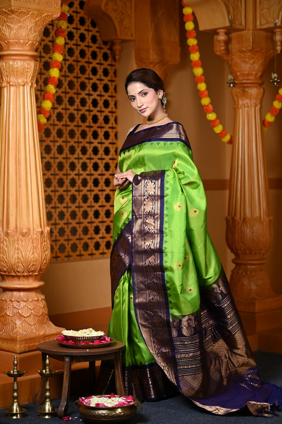 Durva Premium ~ Gadwal Pure Silk Handloom Saree in Emerald Green and Dark Blue
