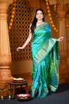 Chandrakor Durva Premium~ Handloom Pure Silk Paithani with Maharani Pallu in Turquoise Blue