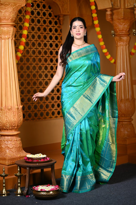 Chandrakor Durva Premium~ Handloom Pure Silk Paithani with Maharani Pallu in Turquoise Blue