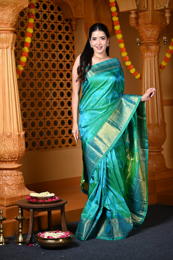 Chandrakor Durva Premium~ Handloom Pure Silk Paithani with Maharani Pallu in Turquoise Blue