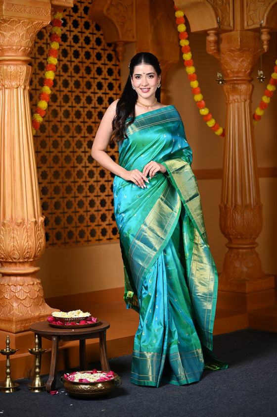 Chandrakor Durva Premium~ Handloom Pure Silk Paithani with Maharani Pallu in Turquoise Blue