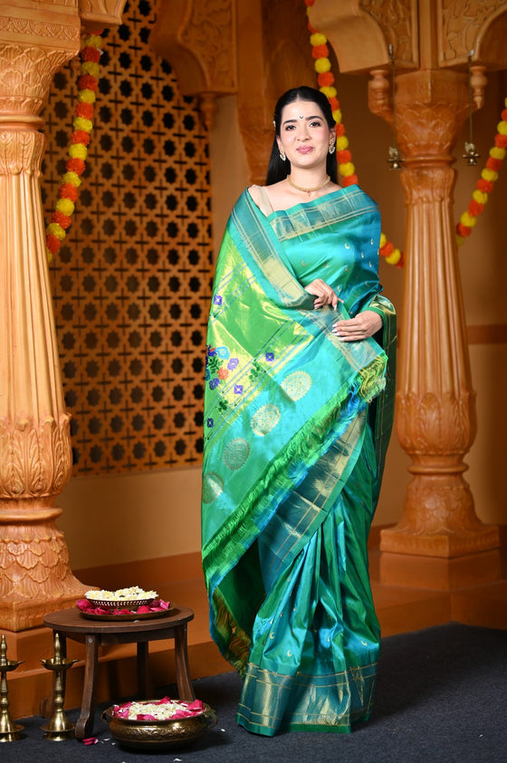 Chandrakor Durva Premium~ Handloom Pure Silk Paithani with Maharani Pallu in Turquoise Blue