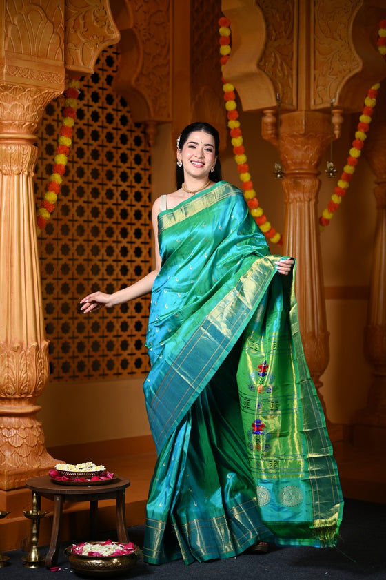 Chandrakor Durva Premium~ Handloom Pure Silk Paithani with Maharani Pallu in Turquoise Blue