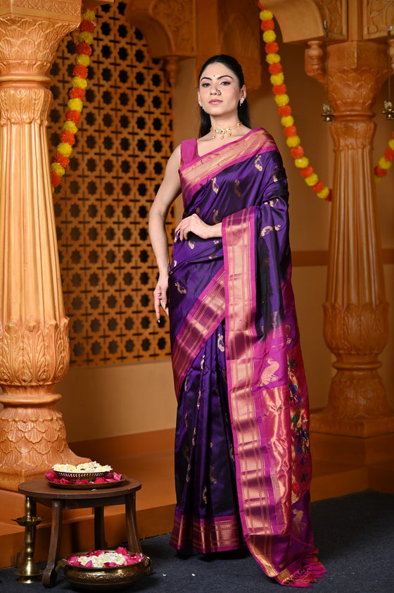 Durva Premium~ Handloom Pure Silk Paithani with Nath Buttis and Maharani Pallu in Violet Purple
