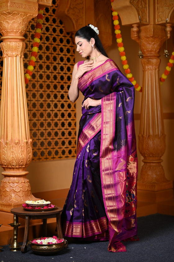 Durva Premium~ Handloom Pure Silk Paithani with Nath Buttis and Maharani Pallu in Violet Purple