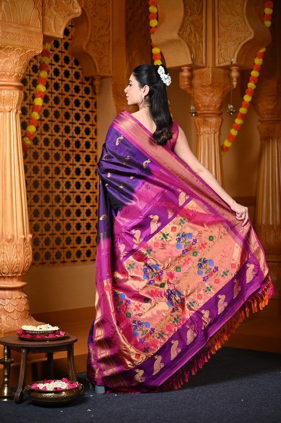 Durva Premium~ Handloom Pure Silk Paithani with Nath Buttis and Maharani Pallu in Violet Purple