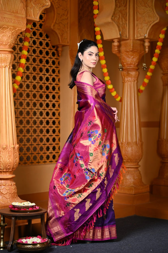 Durva Premium~ Handloom Pure Silk Paithani with Nath Buttis and Maharani Pallu in Violet Purple