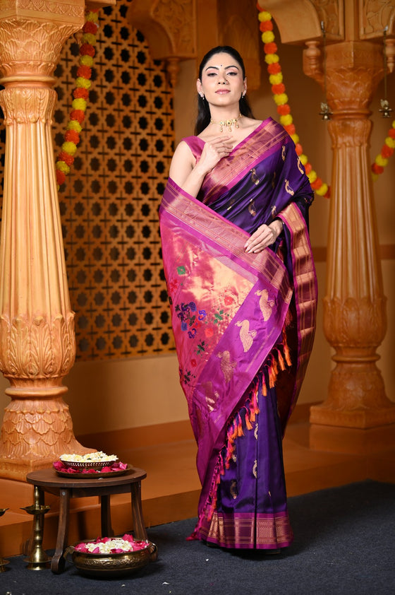 Durva Premium~ Handloom Pure Silk Paithani with Nath Buttis and Maharani Pallu in Violet Purple