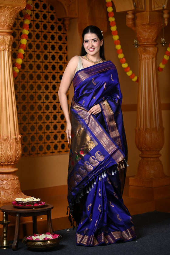 Durva Premium~ Handloom Pure Silk Paithani with Nath Buttis and Maharani Pallu in Royal Blue