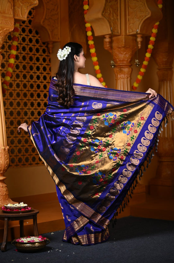 Durva Premium~ Handloom Pure Silk Paithani with Nath Buttis and Maharani Pallu in Royal Blue