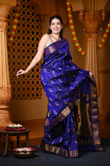  Durva Premium~ Handloom Pure Silk Paithani with Nath Buttis and Maharani Pallu in Royal Blue