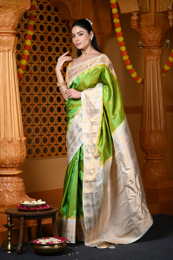 Durva Premium ~ Gadwal Pure Silk Handloom Saree in Light Green and Gold