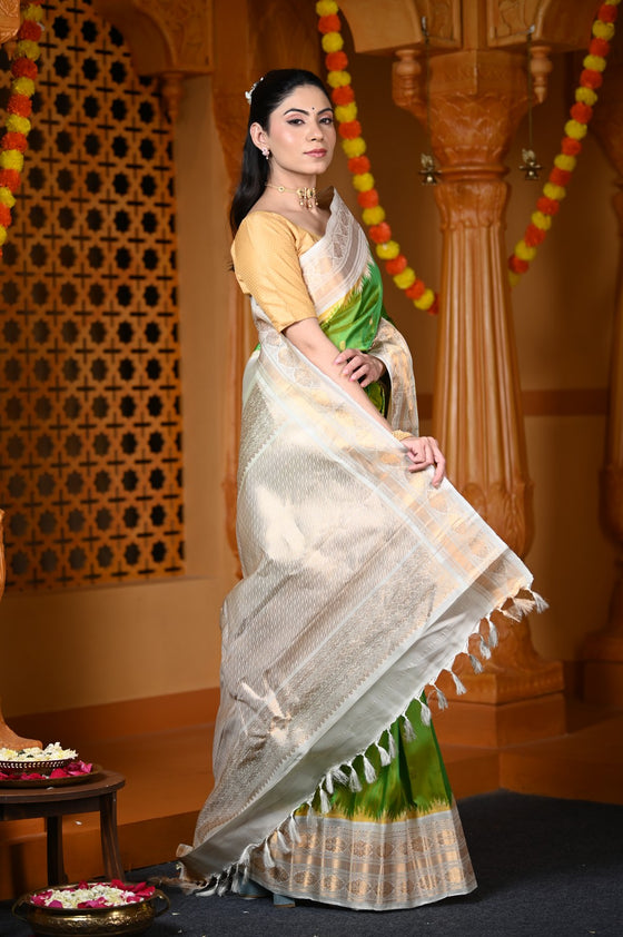 Durva Premium ~ Gadwal Pure Silk Handloom Saree in Light Green and Gold
