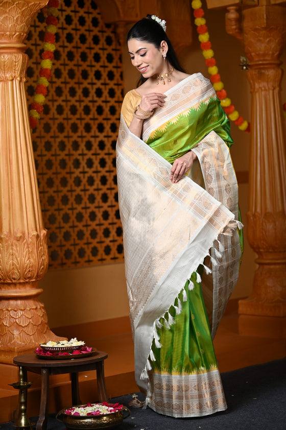 Durva Premium ~ Gadwal Pure Silk Handloom Saree in Light Green and Gold