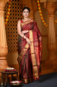  Chandrakor Durva Premium~ Handloom Pure Silk Paithani with Maharani Pallu in Dual Tone Red Green