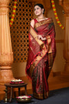 Chandrakor Durva Premium~ Handloom Pure Silk Paithani with Maharani Pallu in Dual Tone Red Green