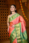 Durva Premium ~ Gadwal Pure Silk Handloom Saree in Coral Orange and Green