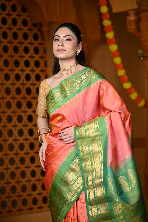 Durva Premium ~ Gadwal Pure Silk Handloom Saree in Coral Orange and Green