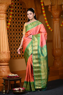  Durva Premium ~ Gadwal Pure Silk Handloom Saree in Coral Orange and Green