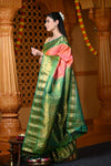 Durva Premium ~ Gadwal Pure Silk Handloom Saree in Coral Orange and Green