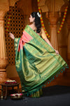 Durva Premium ~ Gadwal Pure Silk Handloom Saree in Coral Orange and Green