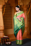 Durva Premium ~ Gadwal Pure Silk Handloom Saree in Coral Orange and Green