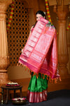 Durva Premium ~ Gadwal Pure Silk Handloom Saree in Parakeet Green and Pink