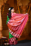 Durva Premium ~ Gadwal Pure Silk Handloom Saree in Parakeet Green and Pink