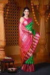 Durva Premium ~ Gadwal Pure Silk Handloom Saree in Parakeet Green and Pink
