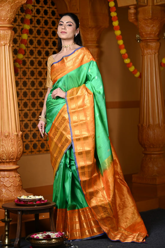 Durva Premium ~ Gadwal Pure Silk Handloom Saree in Leaf Green and Yellow