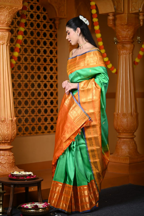 Durva Premium ~ Gadwal Pure Silk Handloom Saree in Leaf Green and Yellow